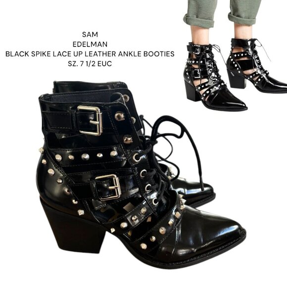 SAM EDELMAN BLACK SPIKE LEATHER POINTED TOE‎ ELANA ANKLE BOOTIES 7.5 EUC - Picture 1 of 5